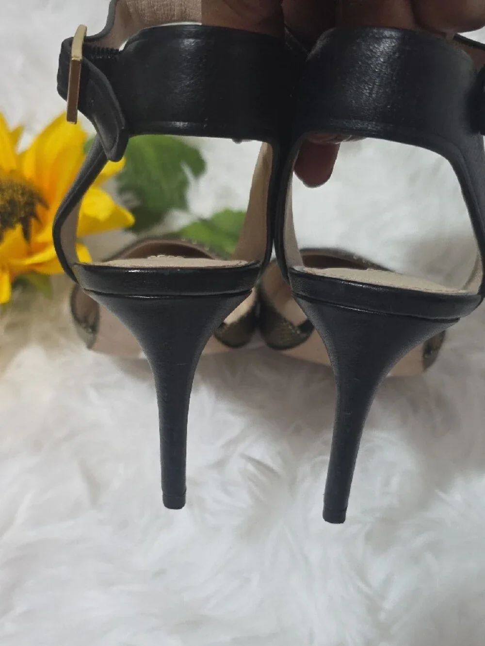Louise et Cie Black Metallic Textured Pointed Ankle-Strap Heels